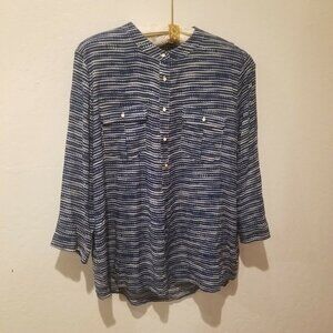 New JCP Women's XL Button Down Shirt Top Long Sleeves Blouse Dot Stripe EST Blue